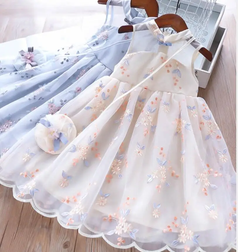 

2019 Kids girl Lace floral dresses Baby girl summer princess flower dress with bag wholesale clothes