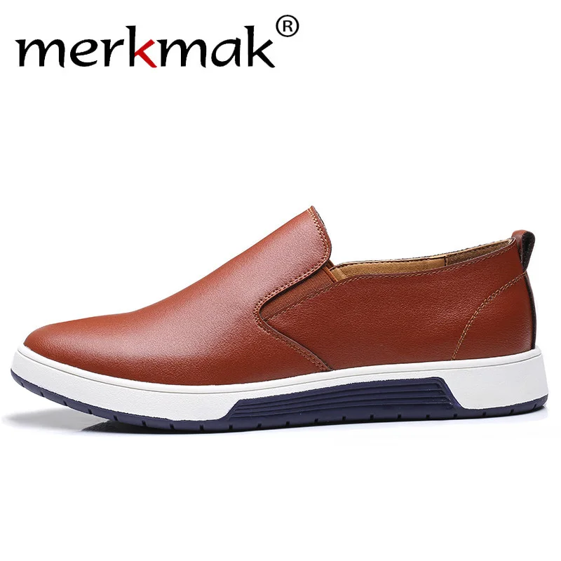 

Merkmak Solid Leather Men's Shoes Summer Slip On Driving Shoes Men Trendy Anti-skid Casual Male Footwear Flat Big Size 37- 48