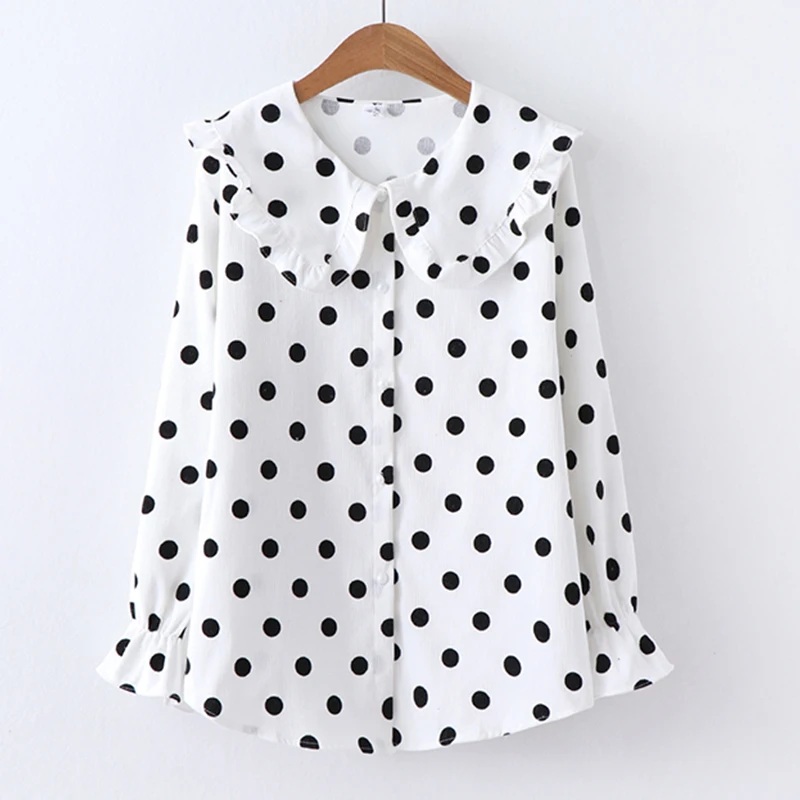 White Blusas Femininas Япония Mori girl Блузка с оборками для женщин кукольный воротник в горошек Топы и блузки вельветовые свободные рубашки - Цвет: White