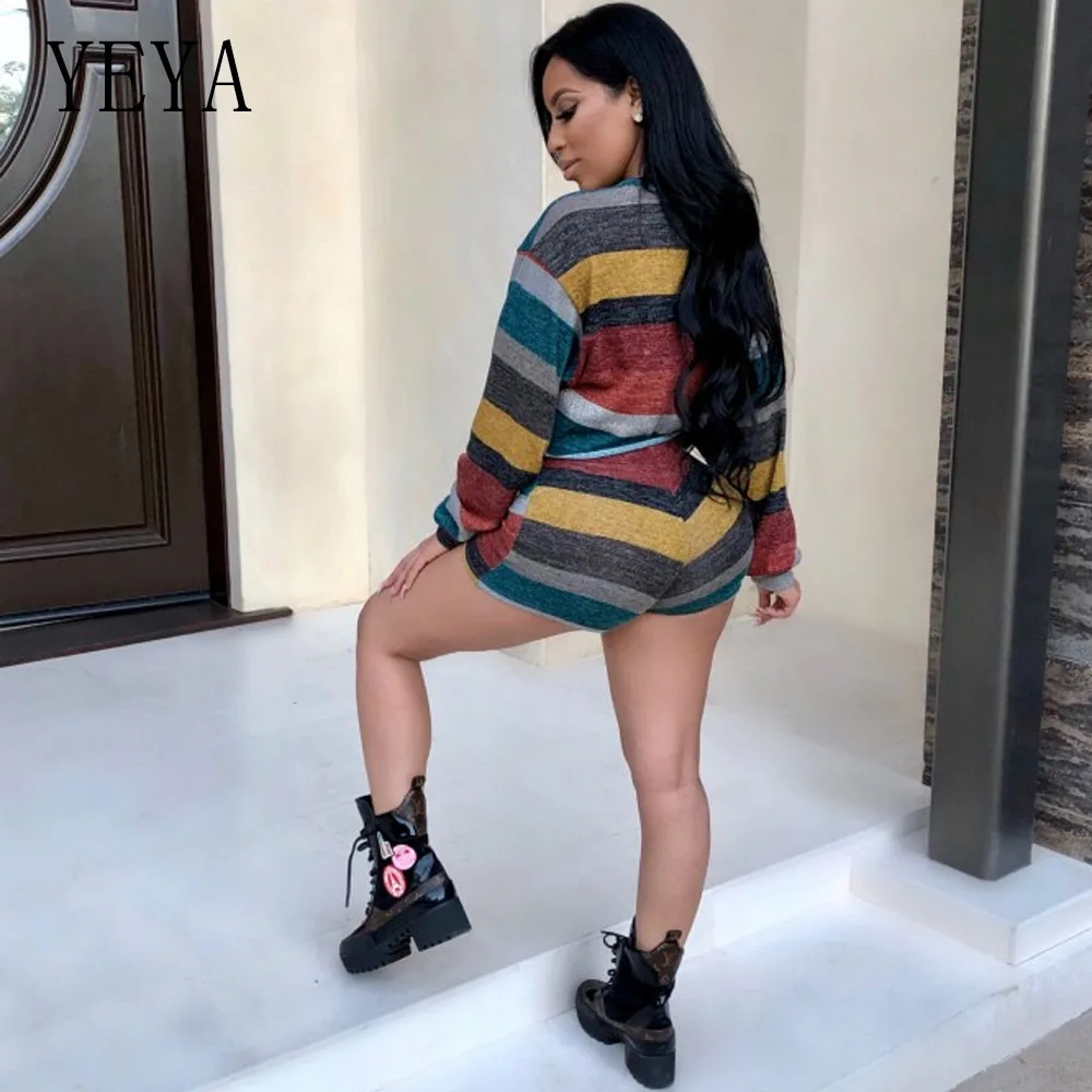 YEYA Big Size Striped Playsuit Autumn Spring Long Sleeve Casual Women Rompers Jumpsuit Short Pants Two Piece Set Overalls Female
