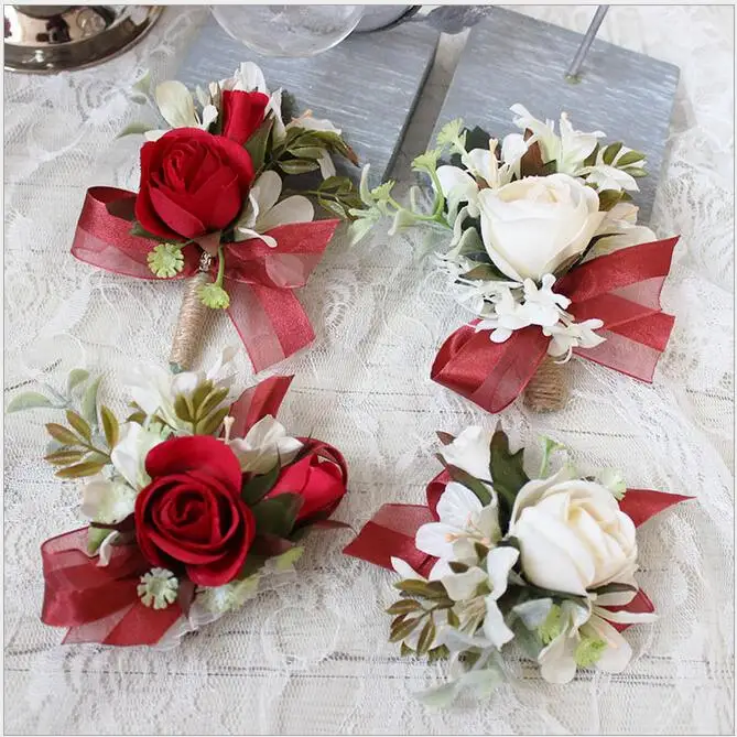 New Creative Red&White Corsage Rose Flowers Groomsman Article Flowers