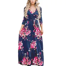 Women Long Maxi Dresses Bohemia V-neck Wrist Sleeve Floral Print Ethnic Summer Beach Female Stylish Long Dress Navy White XXL stylish round neck sleeveless ethnic print spliced women s maxi dress