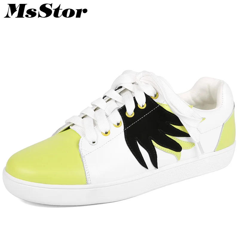 

MsStor Natural Leather Round Toe Women Flats Casual Fashion Ladies Flat Shoes 2018 Cross tied Women White Skateboarding Shoes