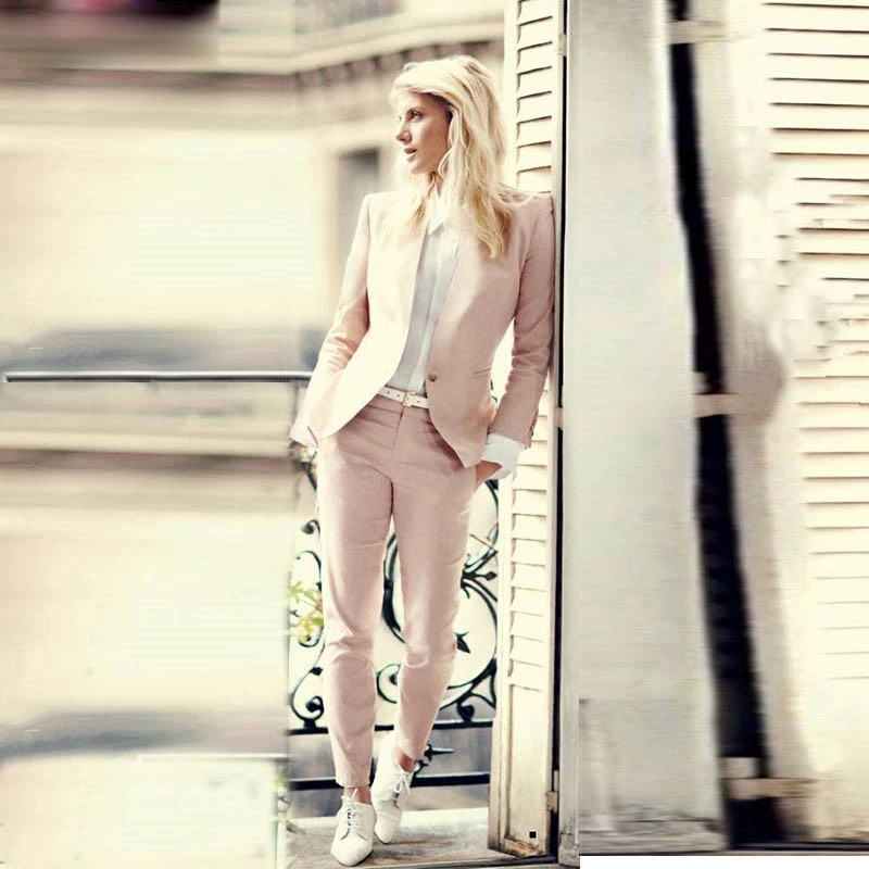 CUSTOM light pink 2018 fashion womens business suits 2 piece blazer set slim fit female office uniform ladies pant suits