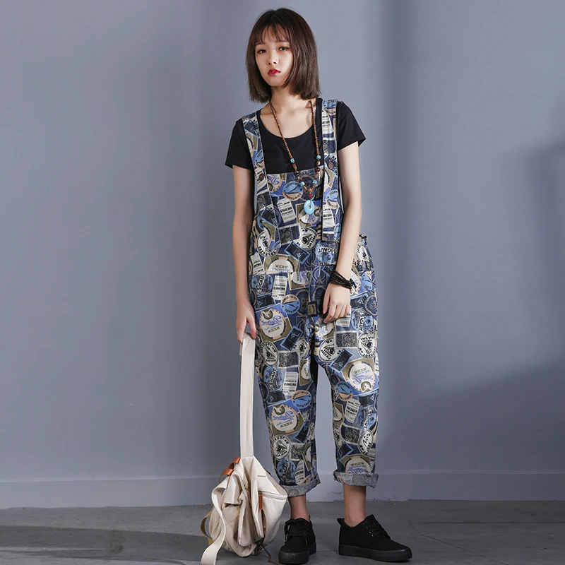 

fashion Women Basic Denim Pants Wide Leg Rompers Female printing Jumpsuit Denim Romper Overalls Casual Long Trousers Vaqueros