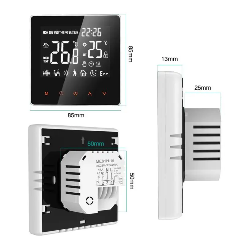 Programmable room Thermostat Temperature Controller with Tempered glass panel for Electric underfloor heating water boiler