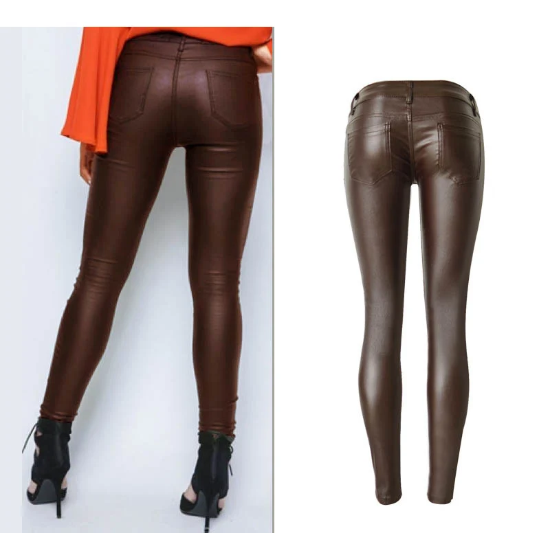 New Fashion Women's Brown Low-waist Elastic Pencil Pants Trousers Sexy Tight PU Coating imitate Leather Pants with Plus Size (5)