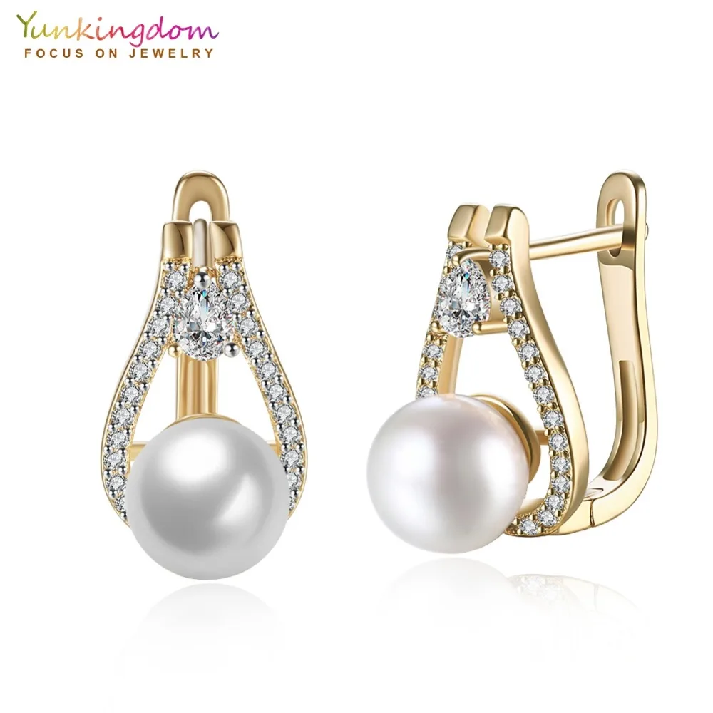 

Yunkingdom Wedding Simulated Pearl Gold Color Hoop Earrings for Womens and Girls White Cubic Zirconia Fashion Jewelry