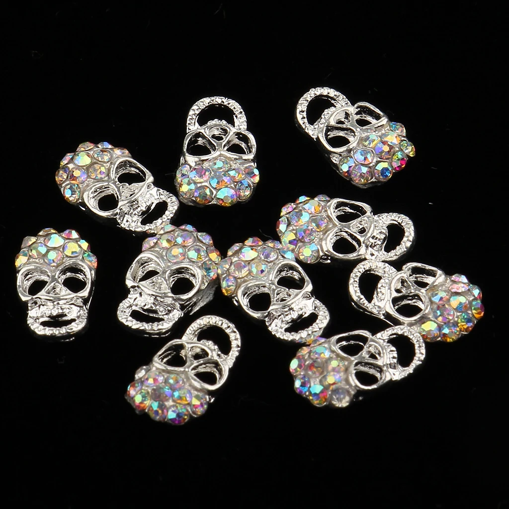 10x Skull Alloy 3D Rhinestone Crystal Nail Tips Stickers Metal Skull Glitter Nail Art Decoration Jewelry