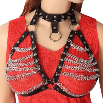 

Leather Crop Top Body Harness Adjust Leather Bra Rock Punk Metal Rivet Chest Belt Hollow Out Top Cage Triangle Frame Party Rave