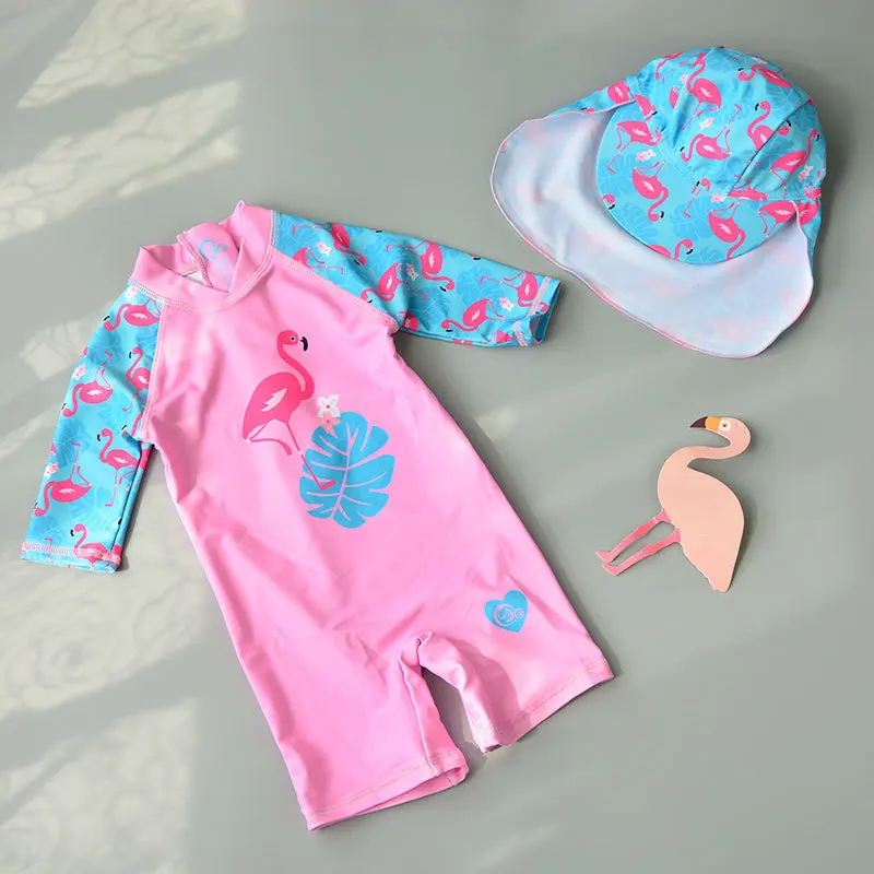 

Funfeliz 3D Flamingo Baby Girls Swimwear One Piece Swimsuit for Girl Children Swim Suit Kids Bather matching hat 1T-8T YZ19013