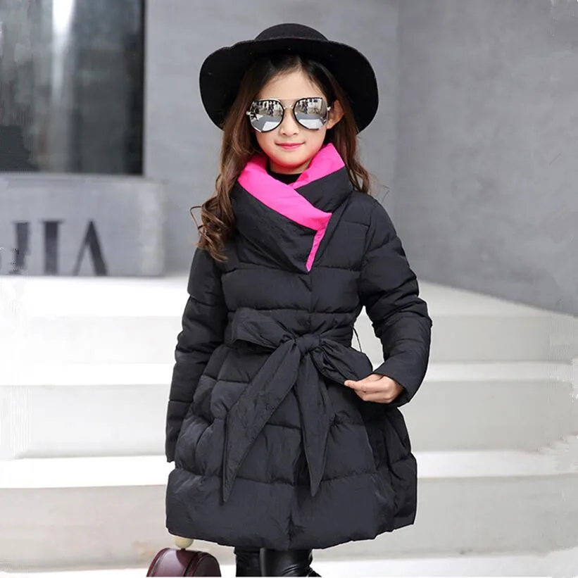 

girls winter coat long parka outerwear children's winter jackets fashion bowknot black jacket girl kids clothes New year 2018