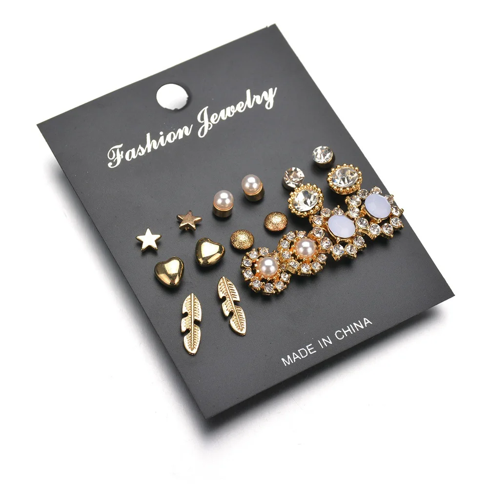 

9 pairs/sets Round Square Ball Alloy Crystal Stud pearl Earrings For Women Hot-selling Cute stud earrings Sets