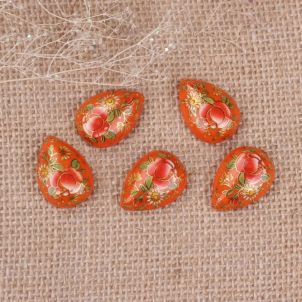 

DoreenBeads Resin Japan Painting Vintage Japanese Tensha Dome Seals Cabochon Drop Flower Pattern 25mm(1") x 18mm( 6/8"), 5 PCs
