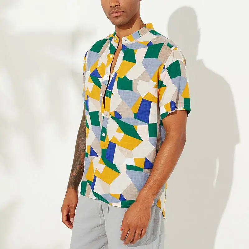 Летняя рубашка с геометрическим принтом, Мужская подставка с воротником, дышащий пуловер с коротким рукавом, стильная шикарная пляжная