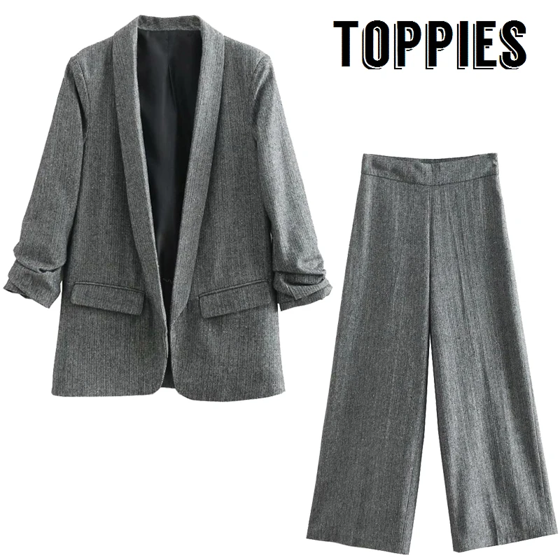 

2019 Women Work Blazer Jackets OL Style Gray Suit Pleated Sleeve High Waist Wide Leg Pants Lady Elegant 2 Pieces Set