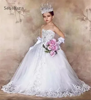 

New Luxury Flower Girls Dresses for Weddings Lace Appliques Crystal Little Girls First Communion Dress Girls Pageant Party Gown