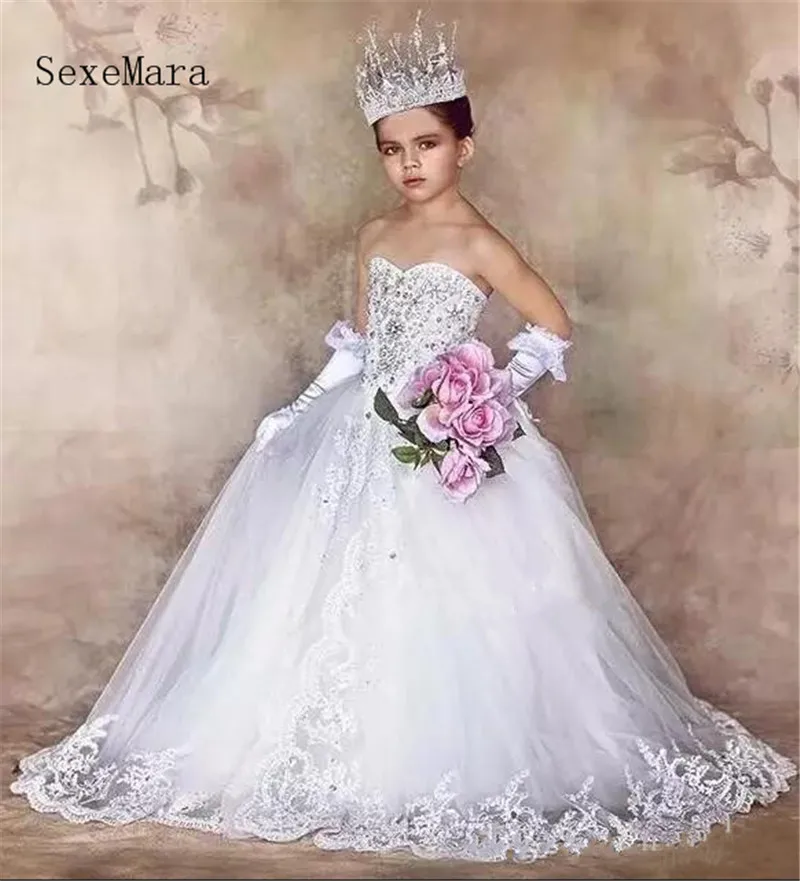 Nieuwe Luxe Bloem Meisjes Jurken voor Bruiloften Kant Applicaties Crystal Meisjes Eerste Communie Jurk Meisjes Pageant Party Gown Nieuwe Luxe Bloem Meisjes Jurken voor Bruiloften Kant Applicaties Crystal Meisjes Eerste Communie Jurk Meisjes Pageant Party Gown