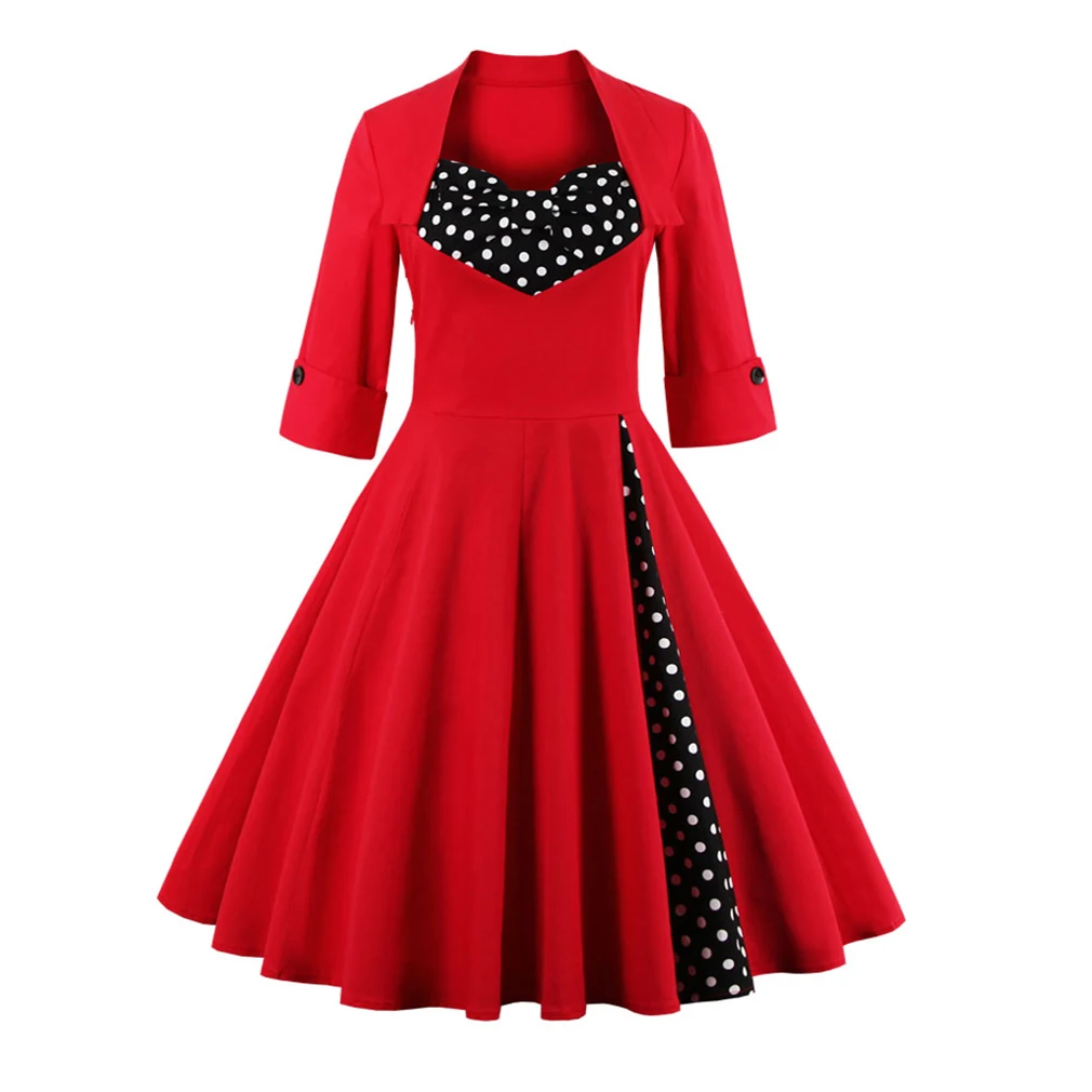 Koop Ons Verzending Vrouwen Plus Size Herfst Jurk Lange Mouwen Vintage Rode Jurk Patchwork Jurk Bloemen Retro Casual Party Swing Vestidos