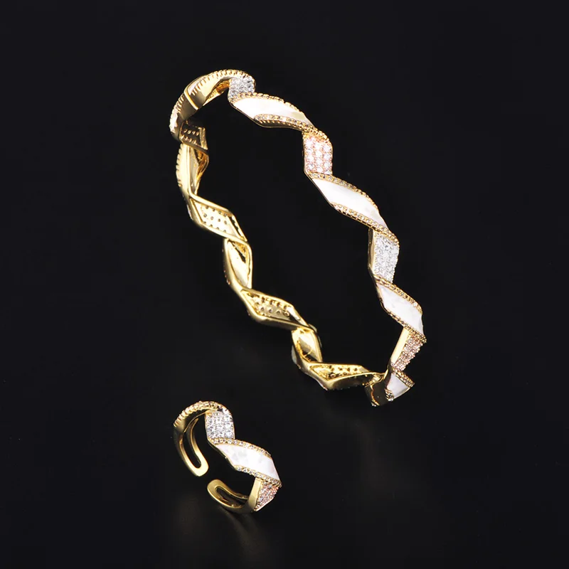 

Dazz New Luxury Ring Bangle Beautiful Enamel Tricolor Zircon For Wedding Banquet Women Bridal Gold Color Jewelry Set Best Gifts