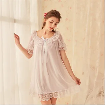 

New Court style sexy women's nightgowns lace round neck white pink green purple color romance sweet sleep dress for ladies