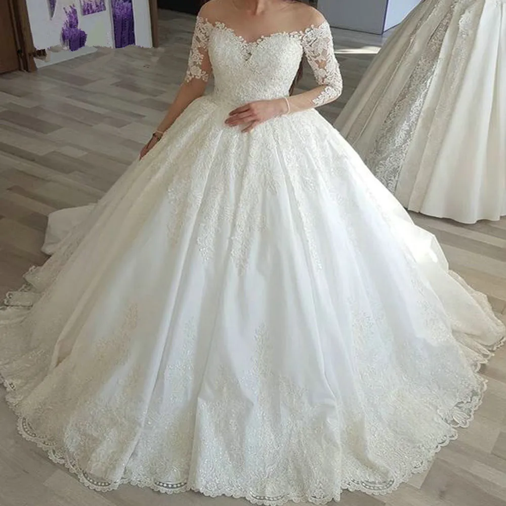 

Vestido de Noiva 2019 Wedding Dresses Long Sleeves Appliques Lace Beaded Puffy Wedding Gown Bridal Dress Robe De Mariee