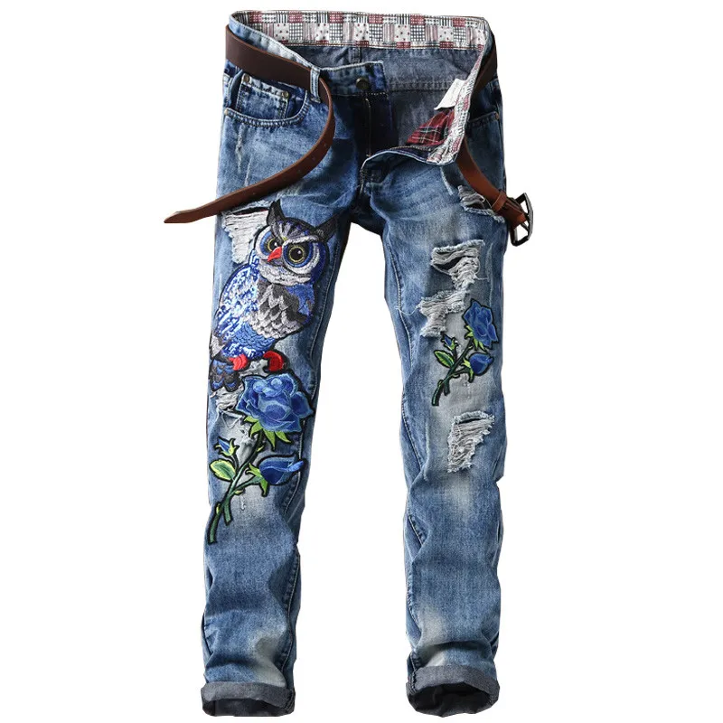 Новый Лоскутная рваные Нашивки Для мужчин Джинсы для женщин Slim Fit орел вышитые
