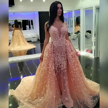 

Elegant Muslim Long Evening Dresses Vestido De Festa Arabic Prom Gown with Detachable Train