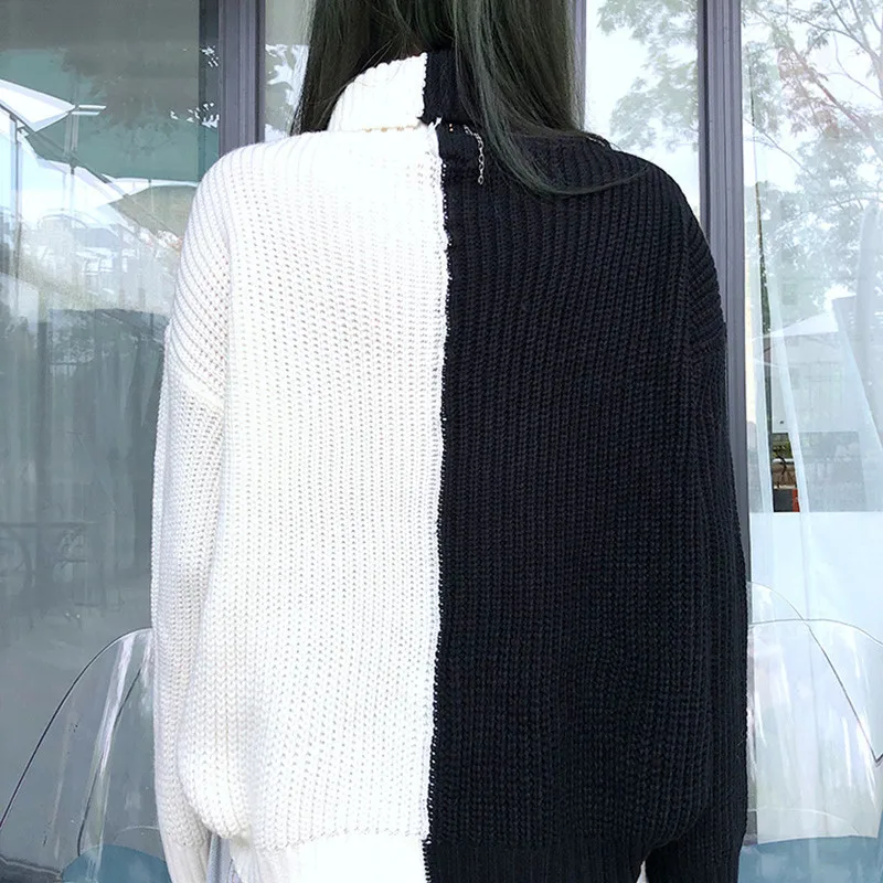 Свитер Харадзюку большого размера, женский корейский свитер с воротником под горло и надписью, Женский пуловер, вязаный джемпер, Лоскутная свободная одежда