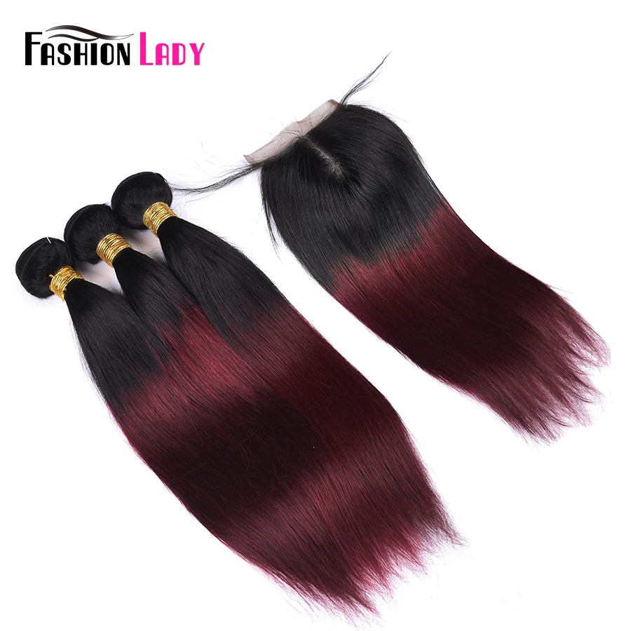 Fashion Lady Pre-Colored Ombre Brazilian Hair 3 Bundles With Lace Closure 1B/99J Straight Weave Human Hair Bundle Pack Non-Remy