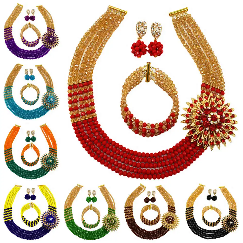 

Fashion Nigerian Wedding African Beads Jewelry Set Crystal Necklace Bridal Party Jewelry Sets 5C-SXJB001