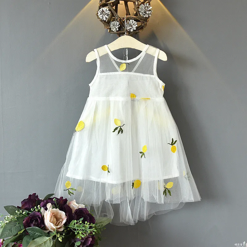 

2019 Spring Children kid's girls sweet cute Pineapple embroidery Mesh Sleeveless princess dress dresses C2447