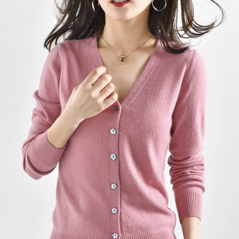 

ATTYYWS New female V-neck sweater long-sleeved knit cardigan comfortable soft spring and autumn pure wool sweater women's jacket