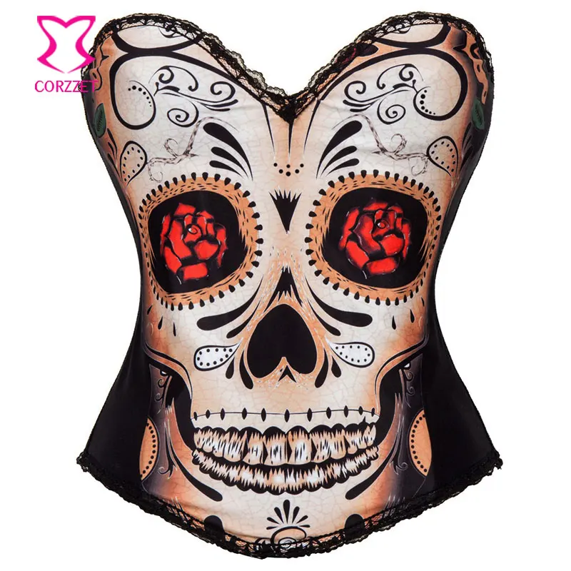 

Floral Eye Skull Print Gothic Rave Corset with Straps Waist Training Corsets and Bustiers Burlesque Costume Corsage Sexy Korsett