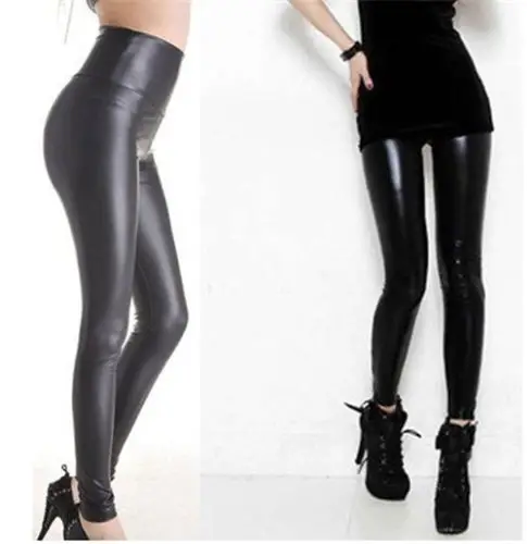 Shiny-Metallic-High-Waist-Black-Stretchy-Leather-Leggings-S-M-L-XL-Plus-Size