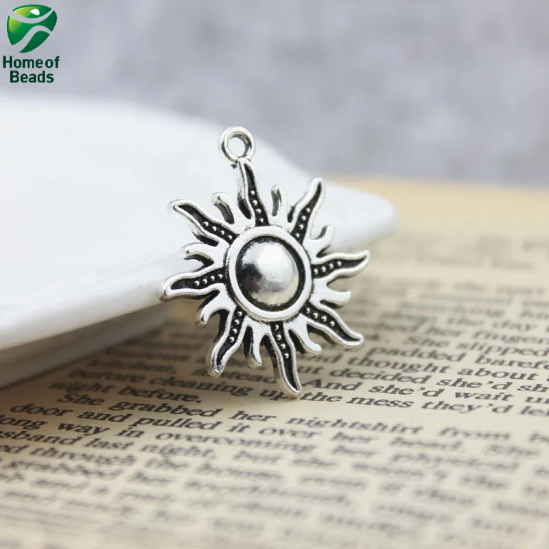 Classic DIY Antique Silver Color Sun Shape Charms Alloy Pendants For Making Jewelry (10 Pieces