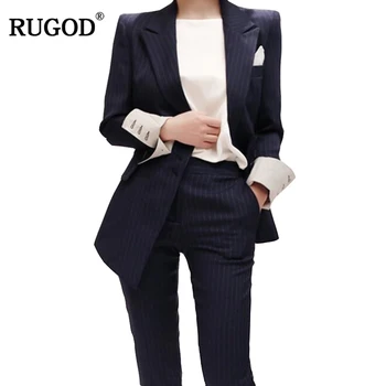 

RUGOD 2019 New Arrival Formal Women Business Suit Summer Autumn Striped Office Lady Two Piece Set Stylish Blazer and Pants