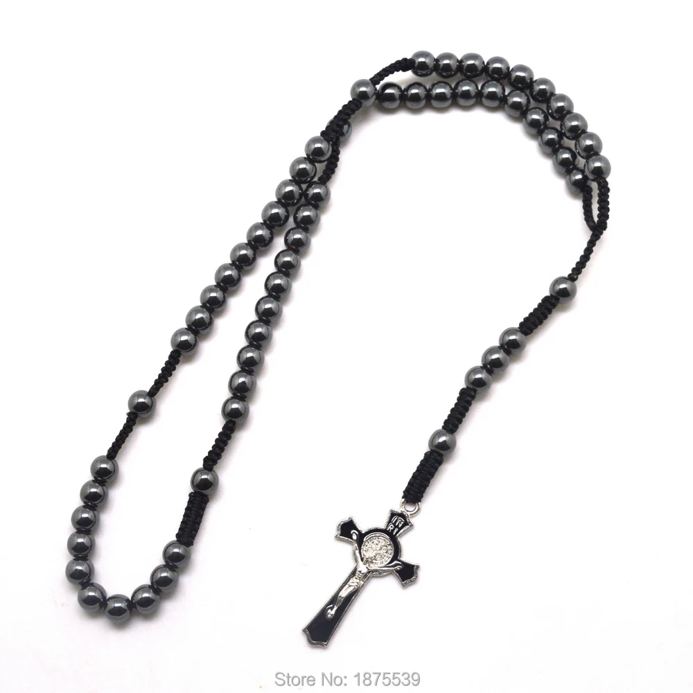Мужские Плетеные четки из гематита St Benedict Cross черные и синие Бусины|rosary necklace|8