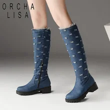 ORCHA LISA/джинсовые сапоги больших размеров 44 джинсовые сапоги до колена женские теплые зимние высокие сапоги на низком толстом каблуке Женская обувь женские сапоги C875