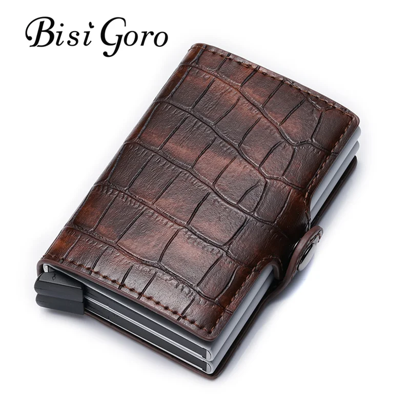 

Bisi Goro 2019 PU Leather Credit Card Holder New Aluminium Double Box Men And Women Metal RFID Vintage Travel Card Wallet