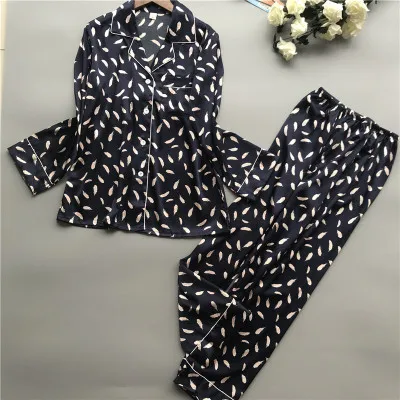 Daeyard весенние женские модные шелковые пижамные комплекты с цветочным принтом, блузка с длинными рукавами и штаны, мягкие пижамы, одежда для сна, милая домашняя одежда - Цвет: navy leather