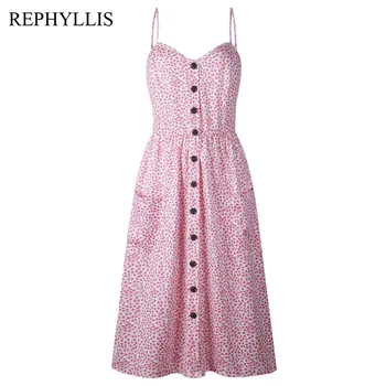 

REPHYLLIS Casual Daily Wear Party Vocation Strap Dress Women Pockets Sleeveless Buttons Sexy Backless Elegant Summer Print Dress