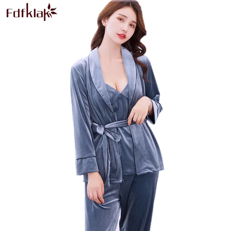 

3 Pieces set pajamas for women long sleeve autumn winter pijamas suit casual home clothes gold velvet sexy sling pyjama femme