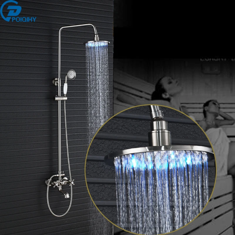 POIQIHY Brushed Bathroom Mixer Tap dual cross knob wall mounted 8'' brass Shower Head+sliding