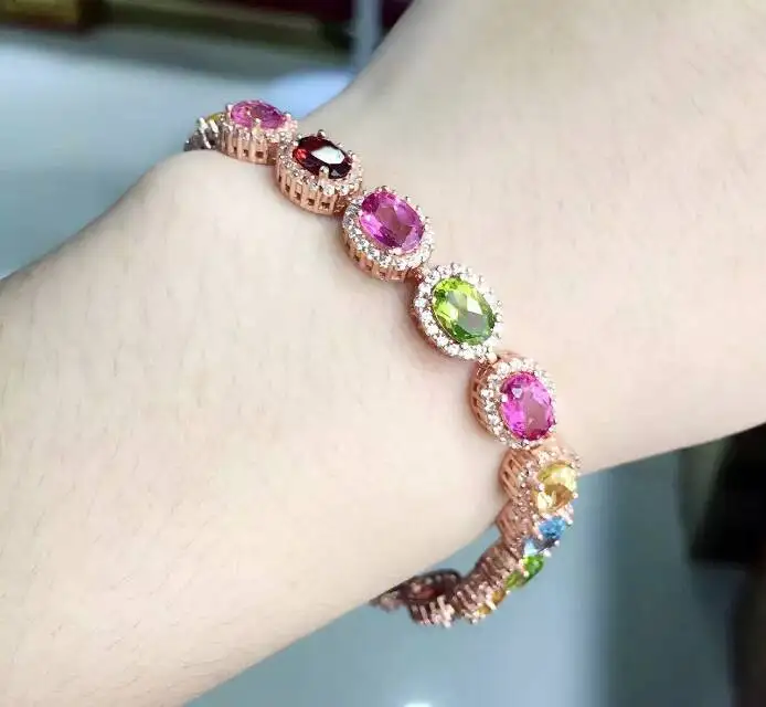  Naturel multicolore rouge grenat cristal Bracelet péridot naturel Bracelet 925 argent bracelet luxu