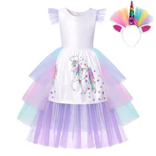 Детские платья с единорогом; белые шелковистые вечерние платья с изображением пони; модные летние платья на день рождения; Фантазийная Одежда для девочек с изображением радуги и единорога