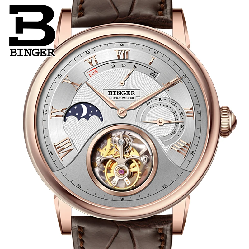 Оригинальные Роскошные Брендовые мужские механические часы BINGER TOURBILLON с ремешком из крокодиловой кожи Chronogra Sapphire водонепроницаемые наручные механические часы