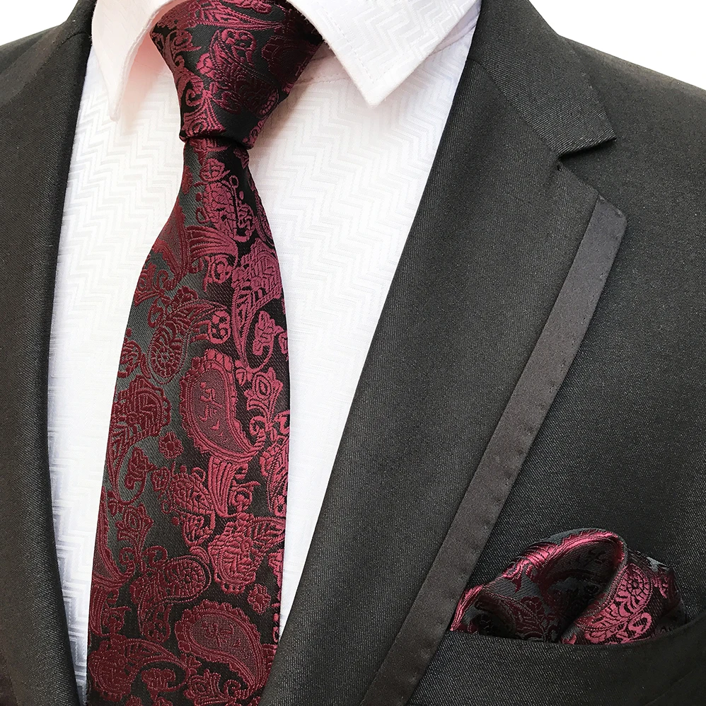 8cm Burgundy Wine Color Paisley Necktie Set with Woven Pocket Square to ...