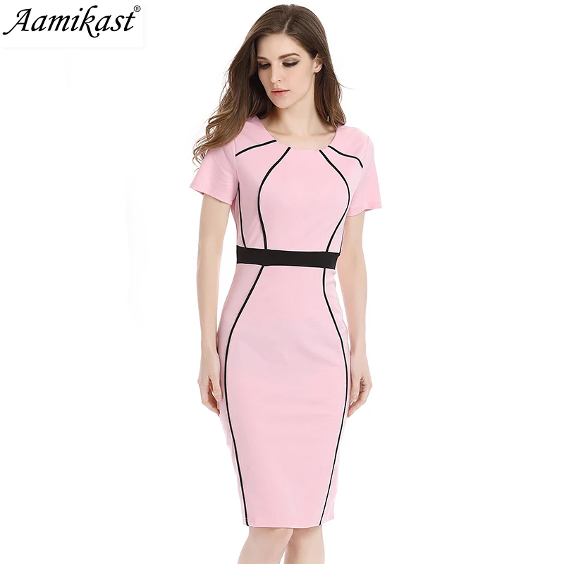 

Aamikast Elegant Women Colorblock Contrast Patchwork Short Sleeve Slim Tunic Wear to Work Office Business Bodycon Dress