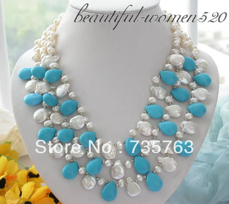 

HOT 00359 3row rice white coin PEARL drip turquoise NECKLACE